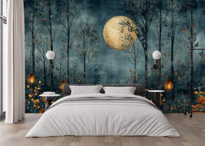 A painting of a forest with a full moon in the sky Wall mural