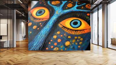 A painting of a tree with a blue eye and orange lashes Wall mural