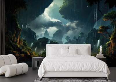 a prehistoric jungle in the rain Wall mural