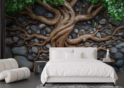 A tree with roots growing out of a stone wall Wall mural