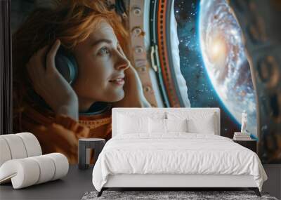 A woman in an orange space suit is looking out the window of a spacecraft Wall mural