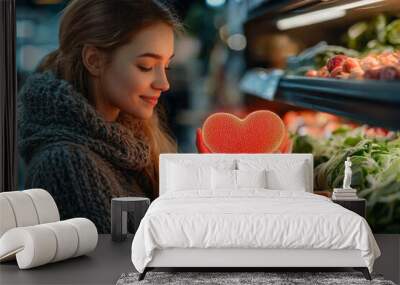 A woman is holding a heart-shaped vegetable in a grocery store Wall mural