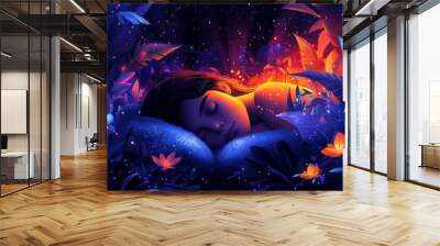 A woman is sleeping in a field of flowers Wall mural