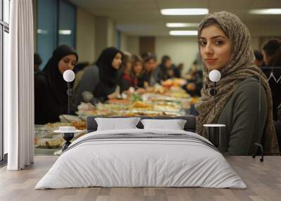 A woman wearing a scarf is standing in front of a table full of food Wall mural