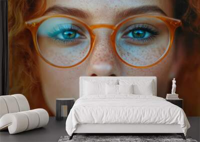 A woman with green eyes and orange glasses Wall mural