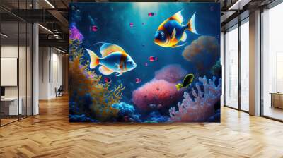 beautiful colorful fish with colorful corals in the underwater world. Generative AI Wall mural