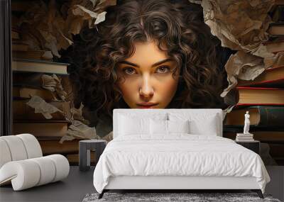 Creative illustration of a young woman sitting in front of a book Wall mural