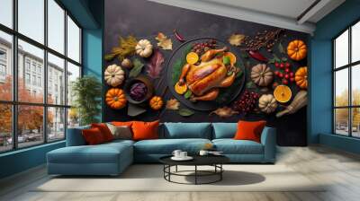 festive thanksgiving dinner i shall her on dark gray and background. copyspace. Generative AI Wall mural