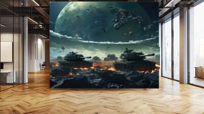 future vesion of a world war. tank in the foreground and a planet or moon in the background. destroyed houses of a city. disaster scenario. Wall mural