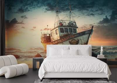 illustration of an old vintage fishing boat on the beach with a beautiful sunset. Generative AI Wall mural