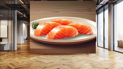 japanese salomon sushi nigiri on a white plate. Generative AI Wall mural