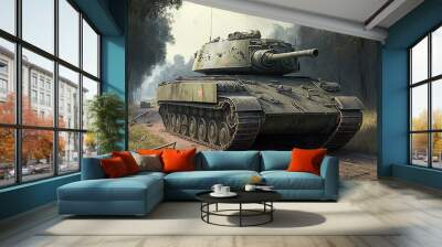 Large war tank on a dirt road. Generative AI Wall mural