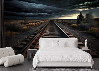 old rails and a dramatic sky with an epic sunset. Generative AI Wall mural