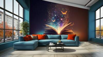 open fantasy book from which magical butterflies fly out. Generative AI Wall mural