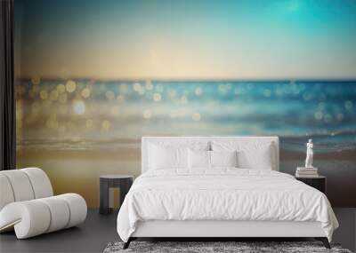 Panorama of a beautiful white sand beach and turquoise water. Holiday summer beach background.. Wave of the sea on the sand beach. Generative AI Wall mural