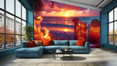 Two cocktails on the beach with a dramatic sunset in the background Wall mural