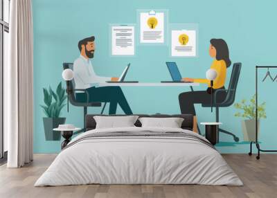 Two people sitting at a table with a laptop and a briefcase Wall mural