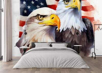 Bald eagles with patriotic backgrounds, watercolor illustration, Perfect for nursery art, simple clipart, single object, white color background. Wall mural