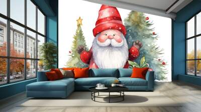 Watercolor Christmas cute gnome gift box tree decoration illustration Wall mural