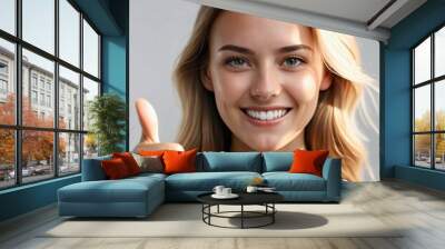 Photo of lovely attractive young woman makes thumbs up gesture of approval. Thumbs up sign. Promoting product. Success. Good job. Approval. Agreement. Achieving. Plain background. Generative AI. Wall mural