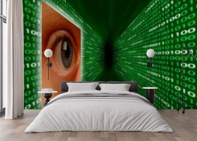 Eye monitoring a corridor of binary code Wall mural