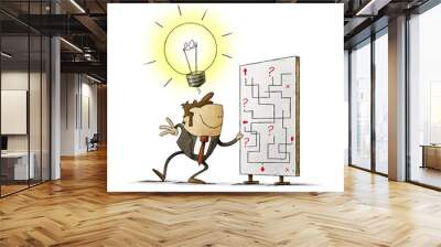 Businessman looks at a large diagram while a large light bulb is lit in his head. isolated Wall mural