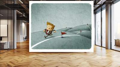 Businessman runs along a line reaching his achievements Wall mural