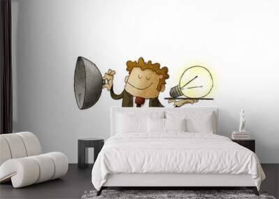 businessman uncover tray where a light bulb appears as a concept of creativity. isolated, white background. Wall mural