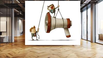 The manager standing on a big megaphone and shouting down to the subordinate. Wall mural