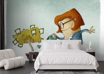 Woman taking care of her finances watering a money tree Wall mural