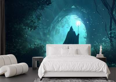 A wizard holding a wand with a glowing tip walks through the forest at night with blue light in the background and light cyan. Detailed character design, flat illustration. Wall mural