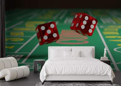 Close up of dice rolling on a craps table. Random concept. Wall mural