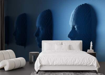 Human faces made up of blue cubes. Artificial intelligence concept. 3d illustration. Wall mural