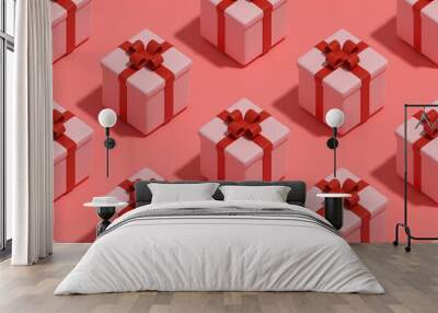 Isometric seamless pattern of pink gift boxes. 3d illustration. Wall mural