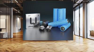 Lithium - ion batteries , metallic lithium and element symbol. 3d illustration. Wall mural