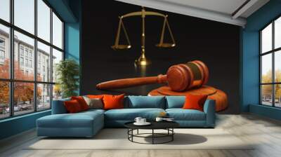 Wooden gavel and justice scales on dark background. Justice concept. Wall mural