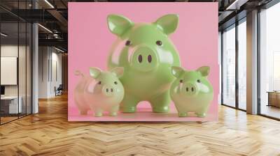 Cute piggy bank family on a pastel background Wall mural