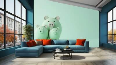 Cute piggy bank family on a pastel background Wall mural