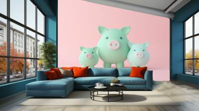 Cute piggy bank family on a pastel background Wall mural