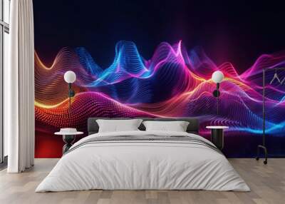 digital neon wave lines on black background Wall mural