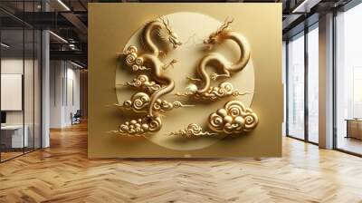 the minimalist realistic art illustrations of mythical gold dragons on a cloud, designed in a traditional Chinese style Wall mural