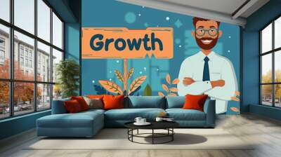 Cartoon Caucasian Businessman with Growth Sign and Plant Business Development Concept Professional Progress Illustration Career Advancement Wall mural