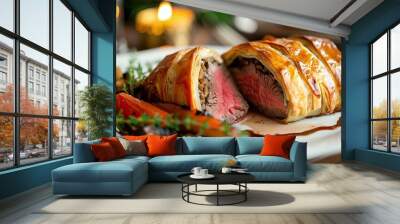 Sliced beef wellington on white plate with vegetable garnish Gourmet dish showcasing golden pastry and perfectly cooked meat Wall mural