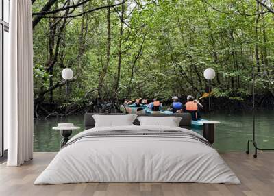 Kilim Geoforest Park mangrove kayak tour on a rainy day, overlooking some tourists in life jackets on Sungai in Malaysia, Langkawi  Wall mural