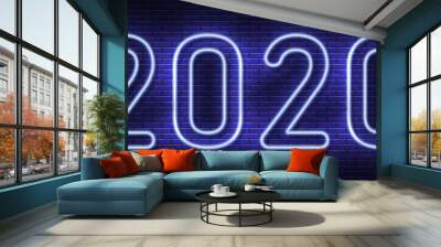 2020 neon text. Neon 2020 new year sign. Vector Illustration. Wall mural