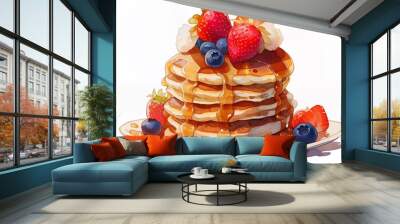 Fresh pancakes stacked on white plate with maple syrup, mixed berries (strawberry, blueberry), cream, butter; delicious, fluffy, tasty, cartoon breakfast dessert watercolor illustration painting Wall mural