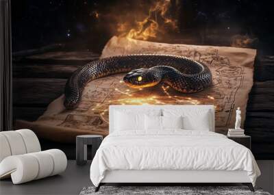 A mystical snake coils on an ancient map with glowing runes, suggesting a magical adventure or dark sorcery. Wall mural