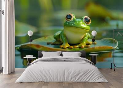 Bulgy-eyed cartoon frog on a lily pad Wall mural