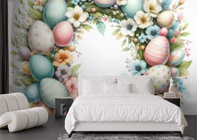 Colorful Easter wreath with pastel eggs and flowers, perfect for spring decorations and festive celebrations. Wall mural