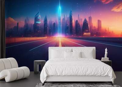 Futuristic cityscape with neon lights and modern skyscrapers. Vibrant sunset casting colorful hues over the urban landscape. Wall mural